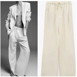 ZARA WOMAN SATIN EFFECT ECRU FLOWING PIJAMA-STYLE ELASTIC WAIST TROUSERS $89.90